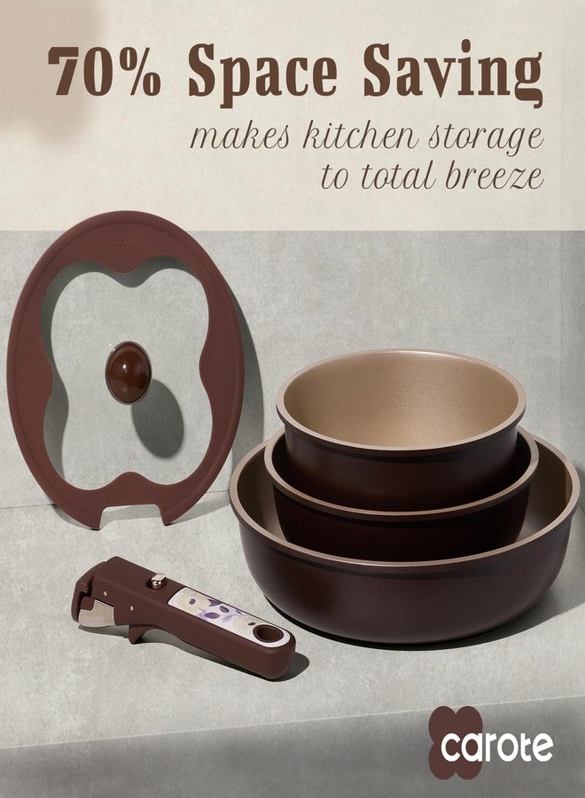 CAROTE 11pcs Ceramic Cookware Set, Pots and Pans Set Non stick, Induction Kitchen Cookware with Removable Handle, Dishwasher & Oven Safe, RV/Camping Cookware, PFAS Free, Brown - Image 3