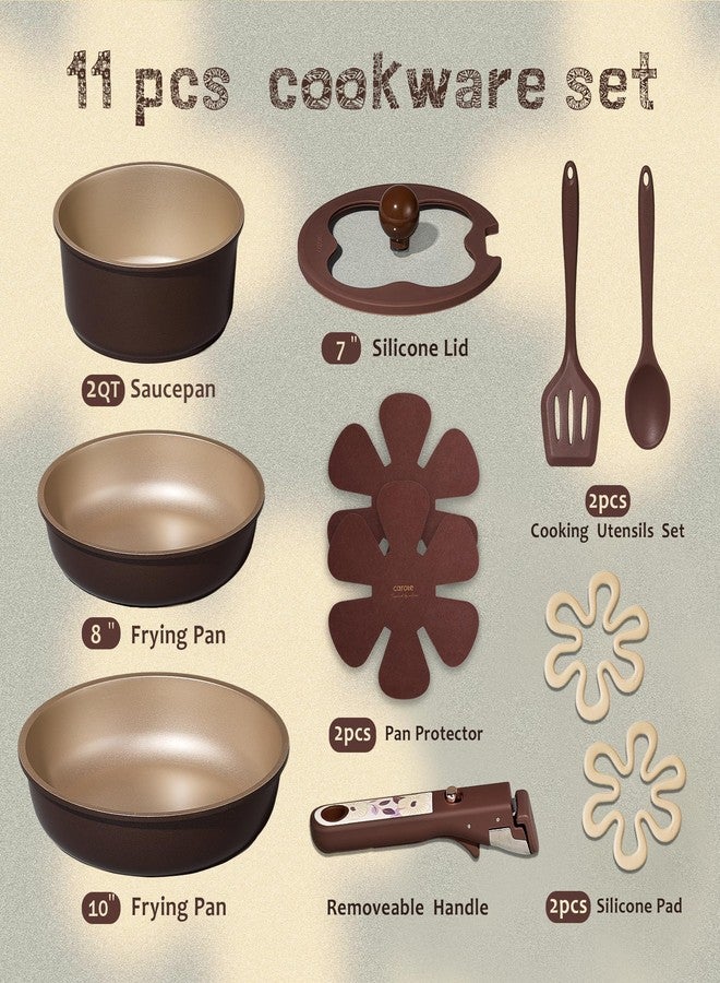 CAROTE 11pcs Ceramic Cookware Set, Pots and Pans Set Non stick, Induction Kitchen Cookware with Removable Handle, Dishwasher & Oven Safe, RV/Camping Cookware, PFAS Free, Brown - Image 2
