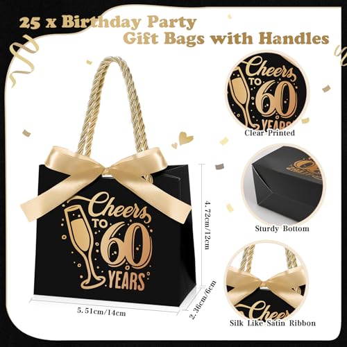 Clysee 25 Pcs Cheers to 60 Mini Birthday Gift Bags with Handles Party Favor Bags Bulk for Birthday Wedding Anniversary Supplies Decorations, 5.51 x 2.36 x 4.72 Inches (Black and Gold) - Image 2