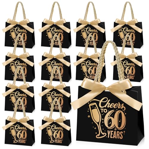 Clysee 25 Pcs Cheers to 60 Mini Birthday Gift Bags with Handles Party Favor Bags Bulk for Birthday Wedding Anniversary Supplies Decorations, 5.51 x 2.36 x 4.72 Inches (Black and Gold) - Image 1