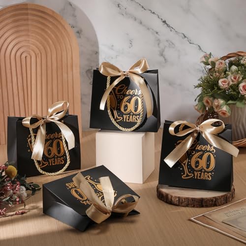 Clysee 25 Pcs Cheers to 60 Mini Birthday Gift Bags with Handles Party Favor Bags Bulk for Birthday Wedding Anniversary Supplies Decorations, 5.51 x 2.36 x 4.72 Inches (Black and Gold) - Image 4