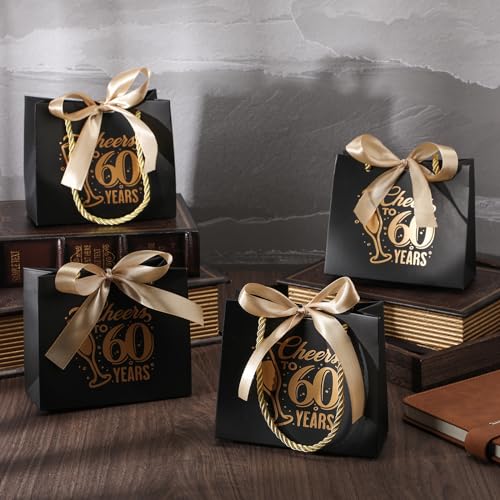 Clysee 25 Pcs Cheers to 60 Mini Birthday Gift Bags with Handles Party Favor Bags Bulk for Birthday Wedding Anniversary Supplies Decorations, 5.51 x 2.36 x 4.72 Inches (Black and Gold) - Image 3