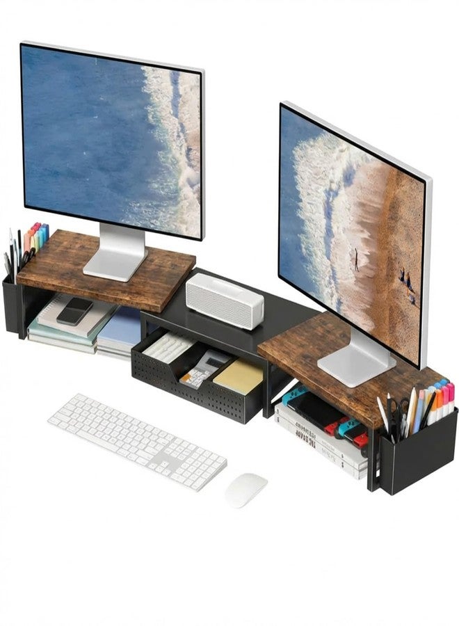 OPNICE Wood Desk Organizers and Accessories, Dual Monitor Stand Riser with Drawer and 2 Pen Holders, Desk Shelf Computer Racks for Office Workspace Organizers, Desktop Organization (Rustic Brown) - Image 1