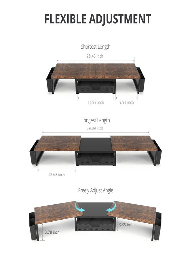 OPNICE Wood Desk Organizers and Accessories, Dual Monitor Stand Riser with Drawer and 2 Pen Holders, Desk Shelf Computer Racks for Office Workspace Organizers, Desktop Organization (Rustic Brown) - Image 3