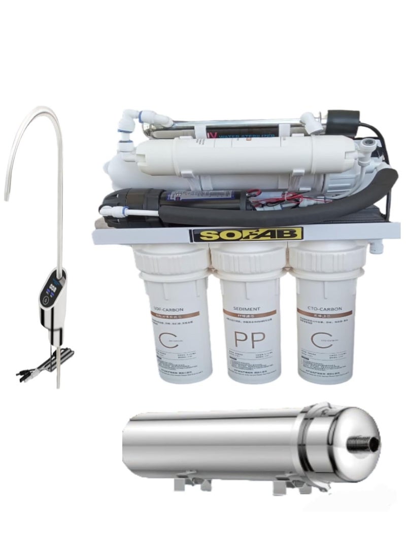 سوفاب جهاز تنقية مياه SOFAB – 8 مراحل | يحوّل مياه المدينة من 2000 TDS إلى 200 TDS (+200) | فلتر بكتيريا بدقة 0.0002 ميكرون | فلتر مسبق قابل للغسيل وإعادة الاستخدام | 378 لتر يومياً | تركيب مجاني وخدمة مجانية لمدة سنة - Image 1