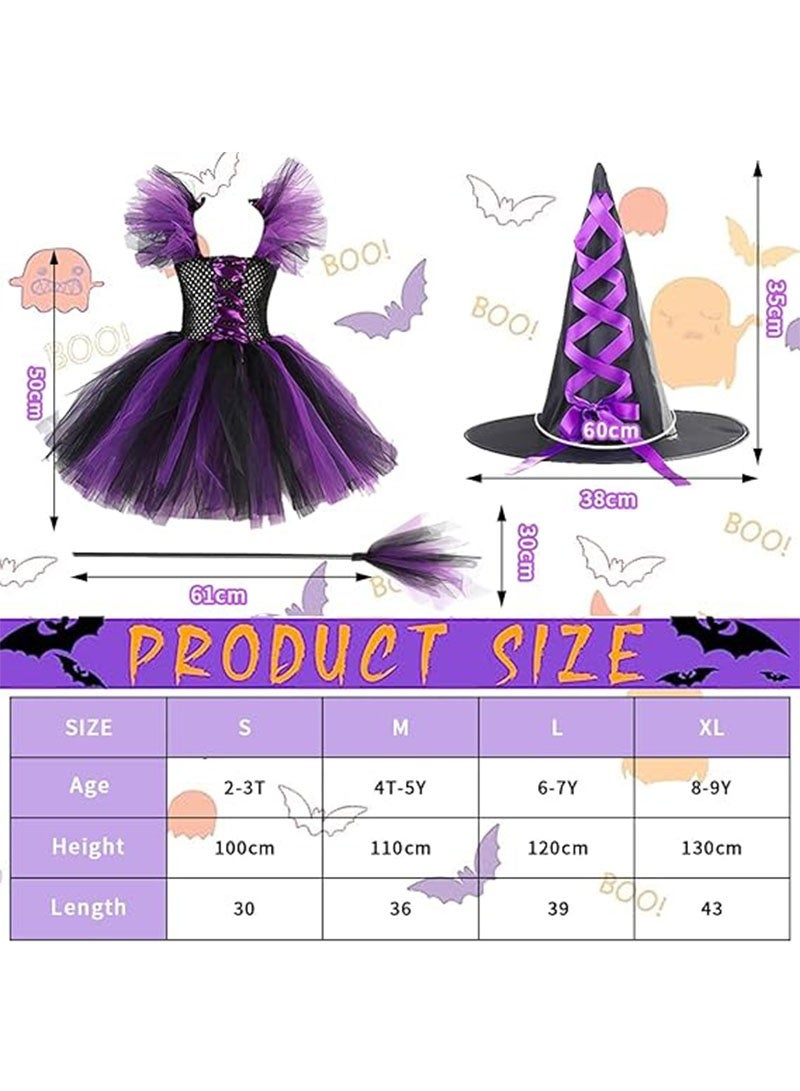 زي ساحرة هالوين للفتيات مع قبعة ومكنسة ملابس تنكرية للحفلات التنكرية، زي ساحرة تنكري ساحرة لطيف طقم زي ساحرة بنفسجي (120 سم)