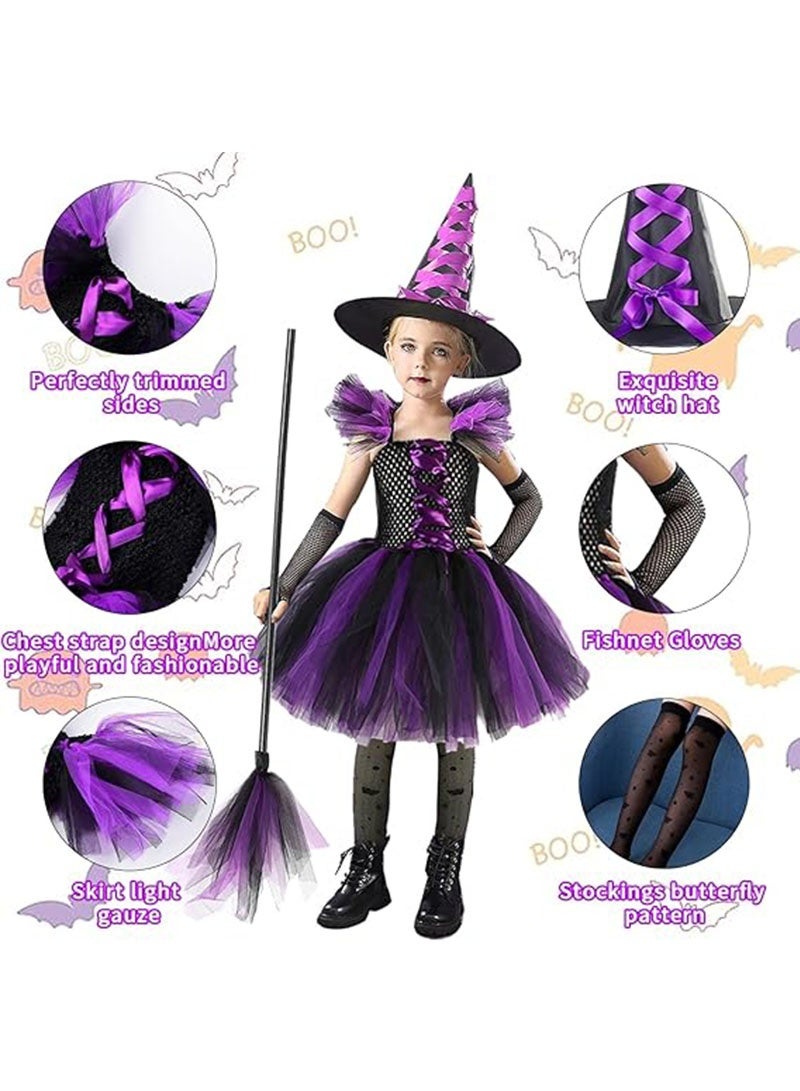 زي ساحرة هالوين للفتيات مع قبعة ومكنسة ملابس تنكرية للحفلات التنكرية، زي ساحرة تنكري ساحرة لطيف طقم زي ساحرة بنفسجي (120 سم)