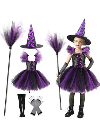 زي ساحرة هالوين للفتيات مع قبعة ومكنسة ملابس تنكرية للحفلات التنكرية، زي ساحرة تنكري ساحرة لطيف طقم زي ساحرة بنفسجي (120 سم)