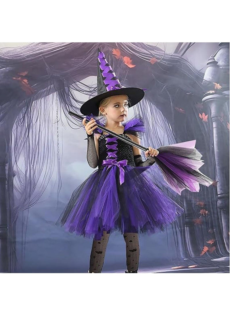 زي ساحرة هالوين للفتيات مع قبعة ومكنسة ملابس تنكرية للحفلات التنكرية، زي ساحرة تنكري ساحرة لطيف طقم زي ساحرة بنفسجي (120 سم)
