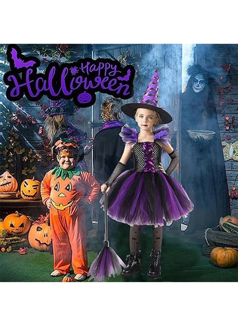 زي ساحرة هالوين للفتيات مع قبعة ومكنسة ملابس تنكرية للحفلات التنكرية، زي ساحرة تنكري ساحرة لطيف طقم زي ساحرة بنفسجي (120 سم)
