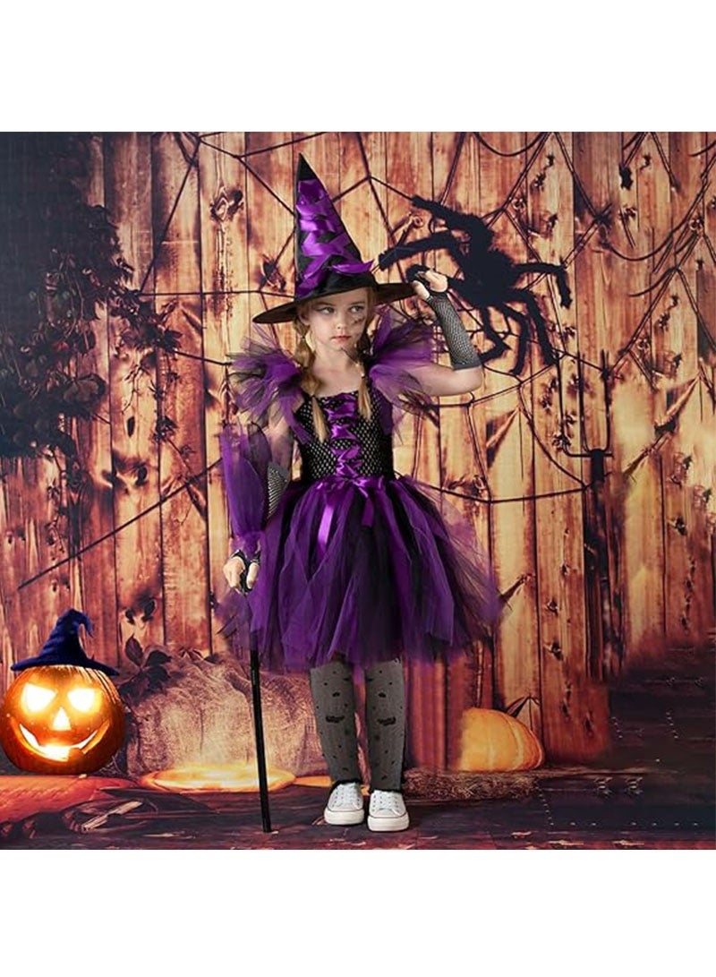 زي ساحرة هالوين للفتيات مع قبعة ومكنسة ملابس تنكرية للحفلات التنكرية، زي ساحرة تنكري ساحرة لطيف طقم زي ساحرة بنفسجي (120 سم)