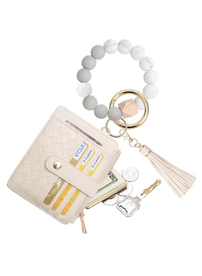 Silicone Bracelet Keychain Wallet for Women, Wristlet Bracelet Keychain Credit Card Holder Purse, Silicone Bead Leather Tassel Key Ring for Women, Beige  - Image 1
