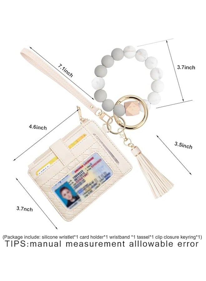 Silicone Bracelet Keychain Wallet for Women, Wristlet Bracelet Keychain Credit Card Holder Purse, Silicone Bead Leather Tassel Key Ring for Women, Beige  - Image 2