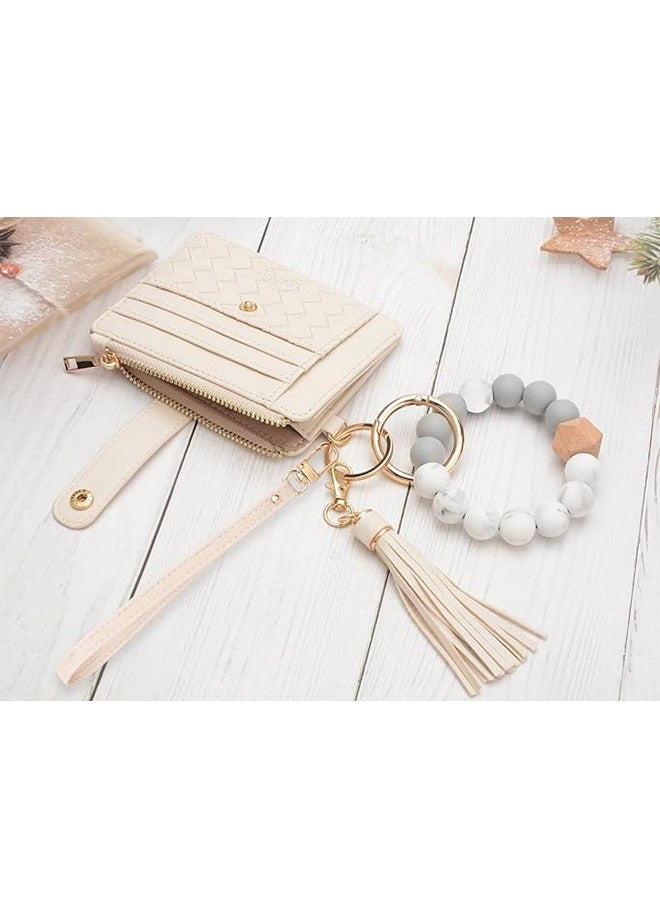 Silicone Bracelet Keychain Wallet for Women, Wristlet Bracelet Keychain Credit Card Holder Purse, Silicone Bead Leather Tassel Key Ring for Women, Beige  - Image 4
