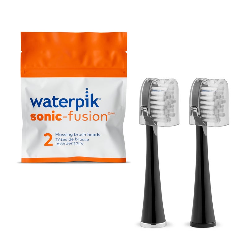 Waterpik Genuine Full Size Replacement Brush Heads With Covers for Sonic-Fusion Flossing Toothbrush SFFB-2EB, 2 Count Black - Image 1