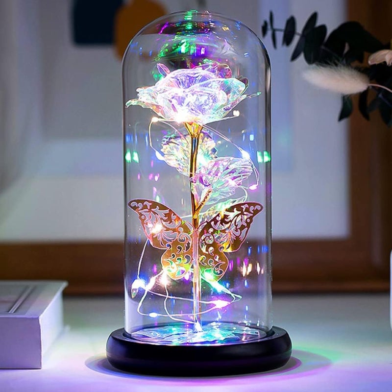 WICHARSH WICHARSH Preserved Roses Flower Gift for Women Birthday Special Birthday Gifts Colorful Artificial Rose Light Gift in A Glass Dome Gift Idea for Daughter Women Mothers Valentines Rose Butterfly 