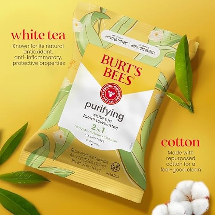 Burt's Bees Stocking Stuffers, Purifying Facial Towelettes Christmas Gifts With White Tea, Gentle Face Cleanser Pre-Moistened Towelettes, Makeup Remover Wipes, 30 ct. Package (3-Pack) - Image 3