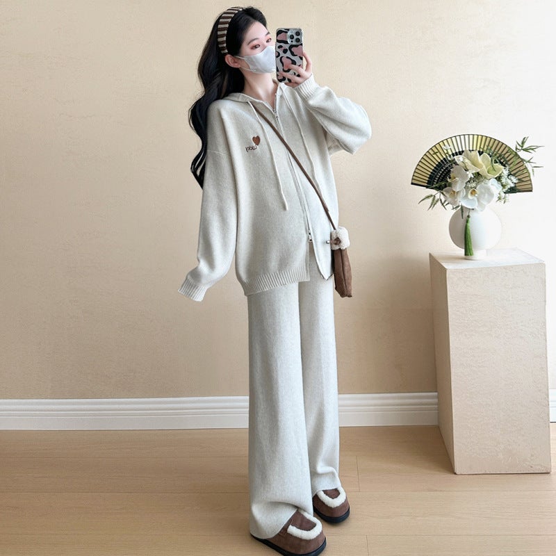 2024 Fashionable Maternity Clothing Set Autumn/Winter Loose-Fit Knit Outerwear Belly Covering Womens Fashion Outerwear White gray suit 