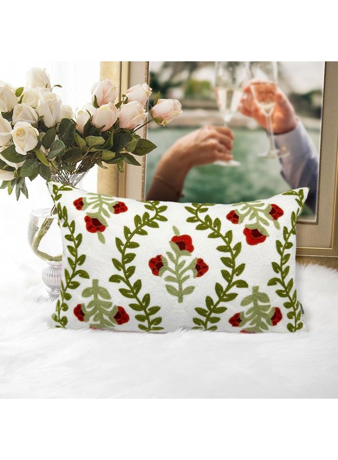 Alysheer Floral Embroidered Summer Lumbar Decorative Throw Pillow Cover 12"x 20", Farmhouse Cottage Red Flowers Green Leaves Patterned Cotton Canvas Cushion Case for Sofa Couch Bed Living Room Decor - Image 3
