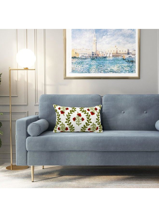 Alysheer Floral Embroidered Summer Lumbar Decorative Throw Pillow Cover 12"x 20", Farmhouse Cottage Red Flowers Green Leaves Patterned Cotton Canvas Cushion Case for Sofa Couch Bed Living Room Decor - Image 4