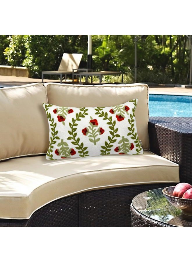 Alysheer Floral Embroidered Summer Lumbar Decorative Throw Pillow Cover 12"x 20", Farmhouse Cottage Red Flowers Green Leaves Patterned Cotton Canvas Cushion Case for Sofa Couch Bed Living Room Decor - Image 2