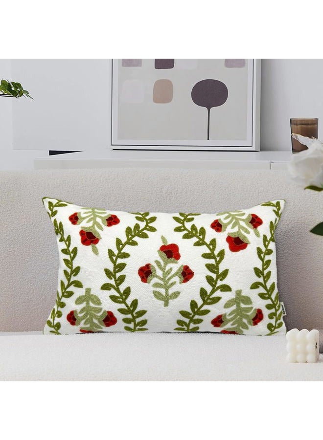 Alysheer Floral Embroidered Summer Lumbar Decorative Throw Pillow Cover 12"x 20", Farmhouse Cottage Red Flowers Green Leaves Patterned Cotton Canvas Cushion Case for Sofa Couch Bed Living Room Decor - Image 1