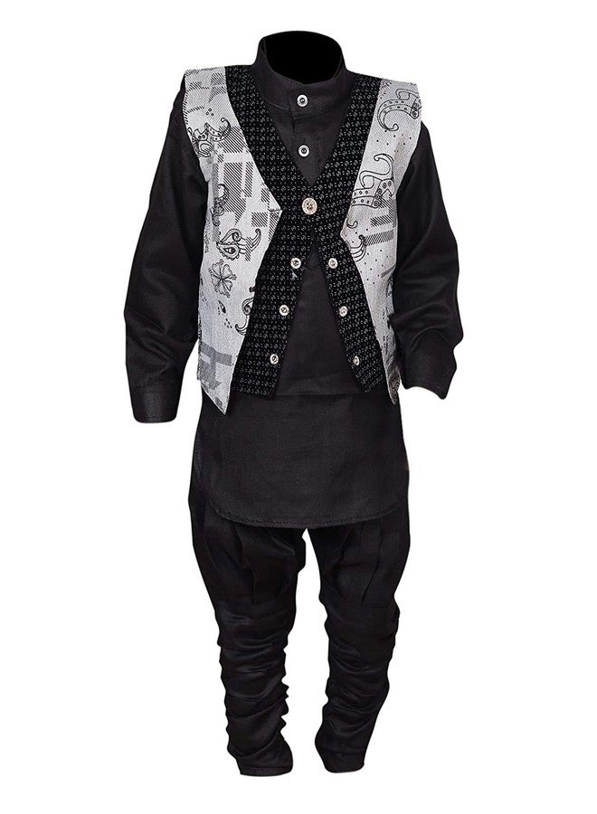 JMP Boy's Cotton Blend Kurta Dhoti Pant with Waistcoat (Black & Grey,22) - Image 1