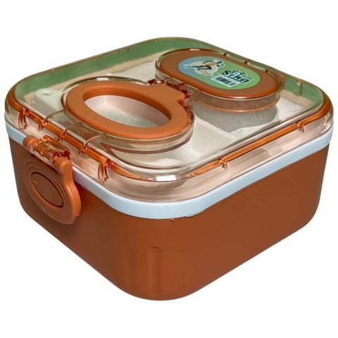 QSHOP Practical Lunch Box with Multiple Compartments – 3 Top Compartments for Food Organization, Large Square Bottom Space, 2x1 (Spoon + Fork) Built-in, Ideal for Business, School, Club (Brown)