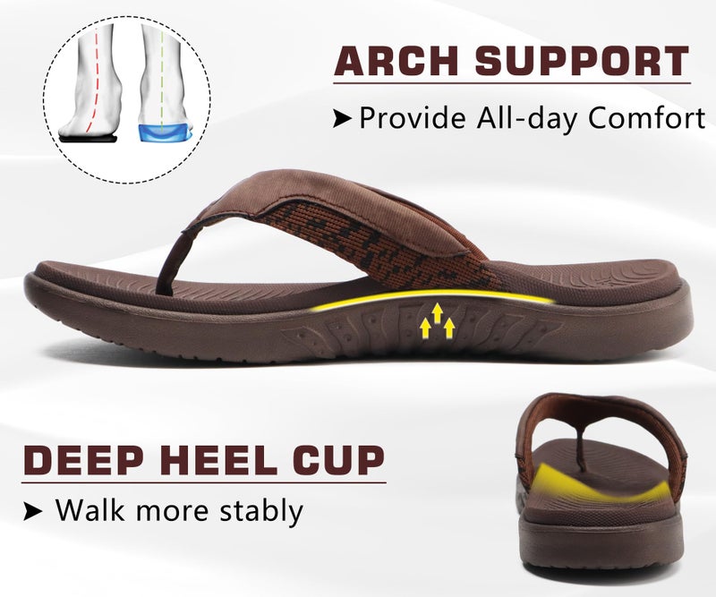 ONCAI Sandals for Men, Comfort Orthotic Plantar Fasciitis Beach Sport Athletic Soft Flip Flops with Yoga Foam Arch Support Brown Size 7.5 - Image 3