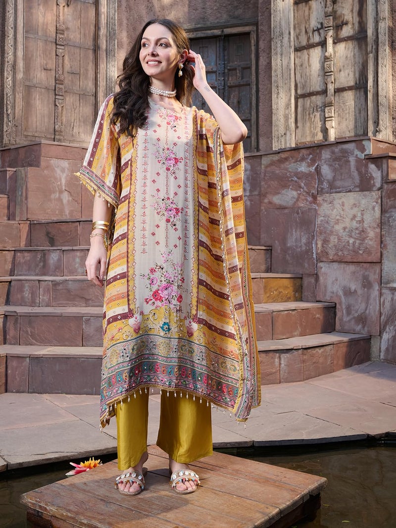 Stylum Women's Mirror Work Printed Silk Blend Kurti Pant Set - Image 3