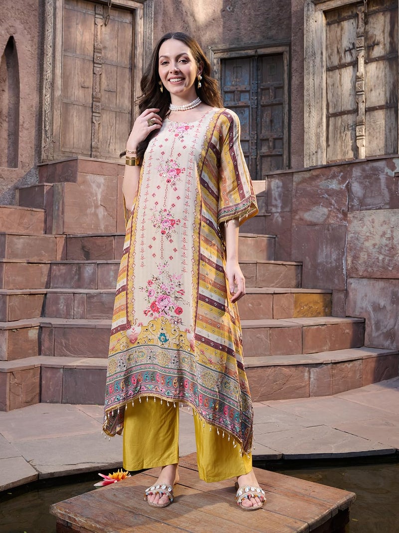 Stylum Women's Mirror Work Printed Silk Blend Kurti Pant Set - Image 5