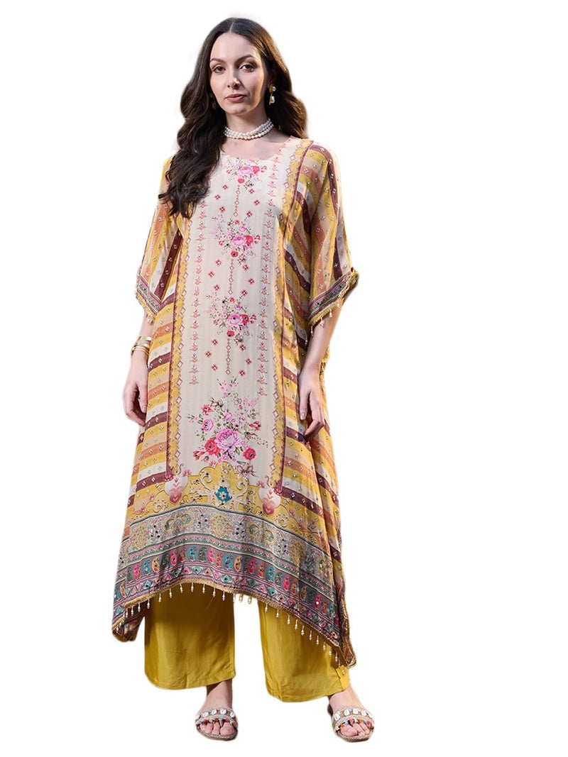 Stylum Women's Mirror Work Printed Silk Blend Kurti Pant Set - Image 1