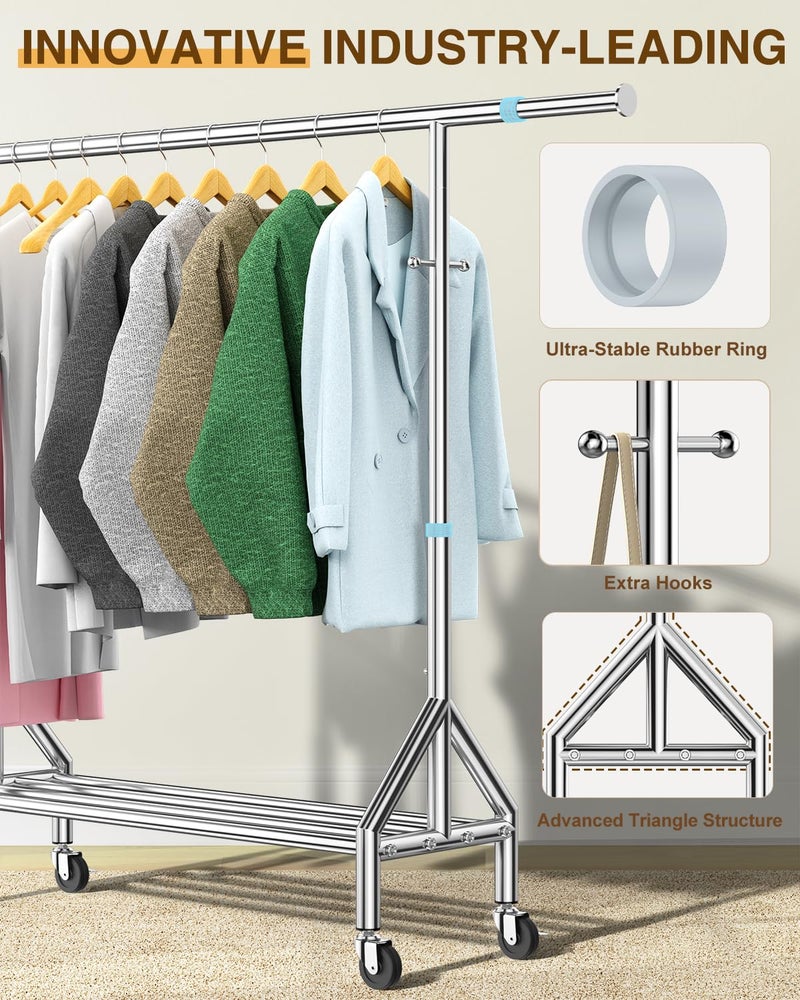 FYBEE Upgraded 100% Stainless Steel Clothing Rack Load 760LBS, Heavy Duty Clothes Racks with Larger & Sturdy Wheel, Extendable & Adjustable Rolling Garment with Shelves for Hanging Portable Closet Rack - Image 5