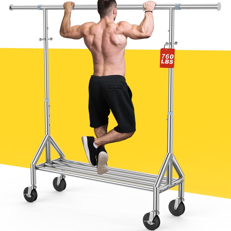 FYBEE Upgraded 100% Stainless Steel Clothing Rack Load 760LBS, Heavy Duty Clothes Racks with Larger & Sturdy Wheel, Extendable & Adjustable Rolling Garment with Shelves for Hanging Portable Closet Rack - Image 1
