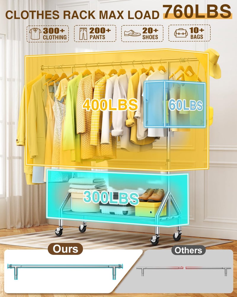 FYBEE Upgraded 100% Stainless Steel Clothing Rack Load 760LBS, Heavy Duty Clothes Racks with Larger & Sturdy Wheel, Extendable & Adjustable Rolling Garment with Shelves for Hanging Portable Closet Rack - Image 2