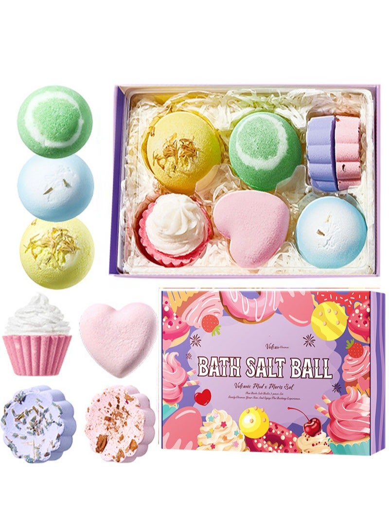 مجموعة هدايا قنابل الاستحمام، ٧ قطع من أملاح الاستحمام الطبيعية المتفجرة، حمام فقاعات مصنوع يدويًا للنساء والأطفال، هدية للأم أو الصديقة، هدية عيد الأم، عيد الميلاد، عيد الحب، عيد الميلاد المجيد. - Image 1
