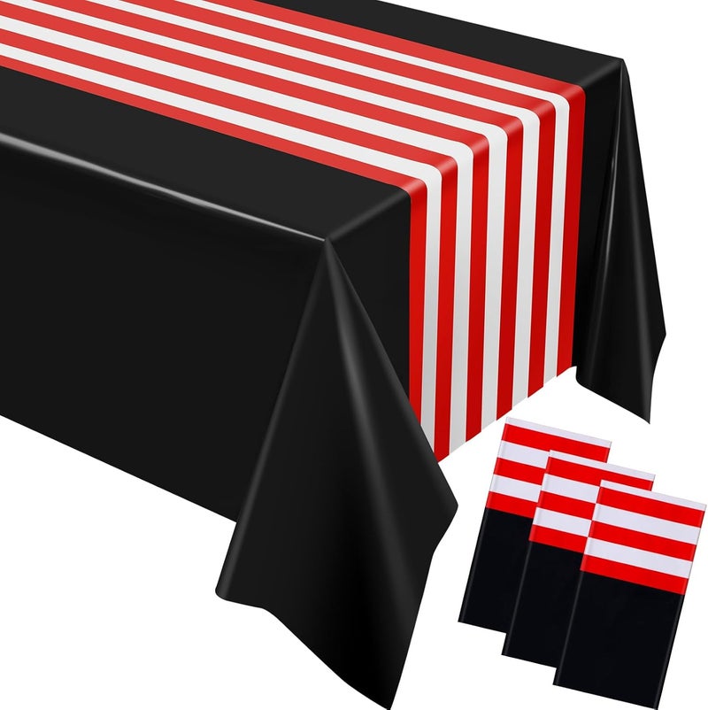 Oudain 6 Pcs Striped Tablecloth 108 x 54 Inch Rectangle Table Cover Disposable Plastic Table Cloth Waterproof Tablecloth Plastic Table Cover for Birthday Wedding Bridal (Red White Black) - Image 1