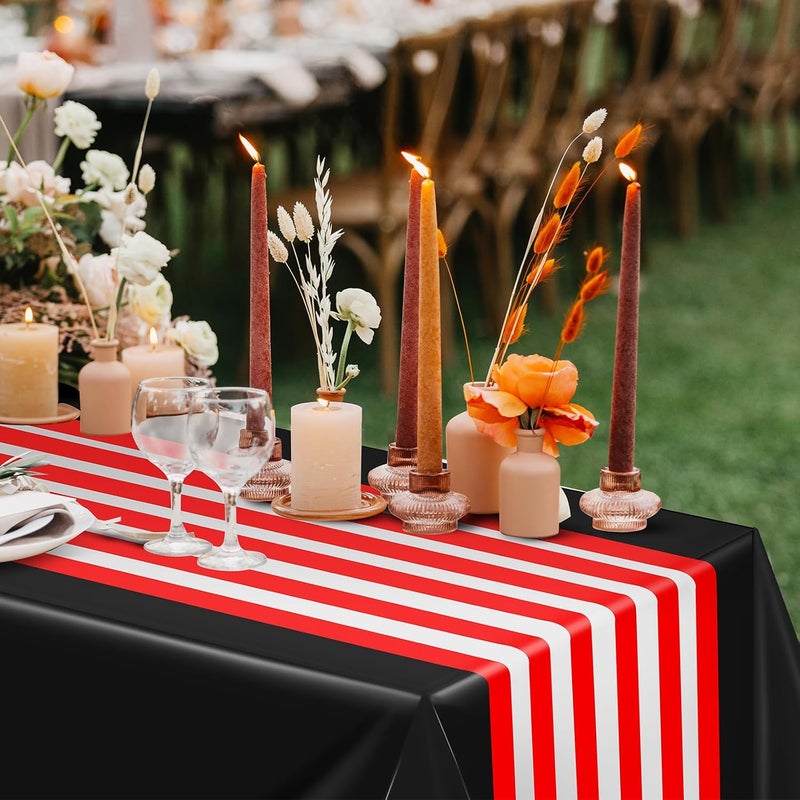 Oudain 6 Pcs Striped Tablecloth 108 x 54 Inch Rectangle Table Cover Disposable Plastic Table Cloth Waterproof Tablecloth Plastic Table Cover for Birthday Wedding Bridal (Red White Black) - Image 5