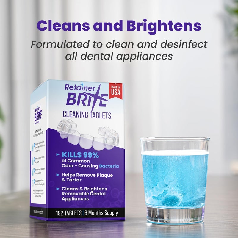 Retainer Brite ريتيرنر برايت – أقراص تنظيف المحاذاة ل Invisalign، منظف واقي الفم، منظف واقي الليل وأجهزة الأسنان الأخرى. مسجل لدى إدارة الغذاء والدواء الأمريكية ومصنوع في الولايات المتحدة الأمريكية. 192 قرص – إمداد لمدة 6 أشهر. - Image 5