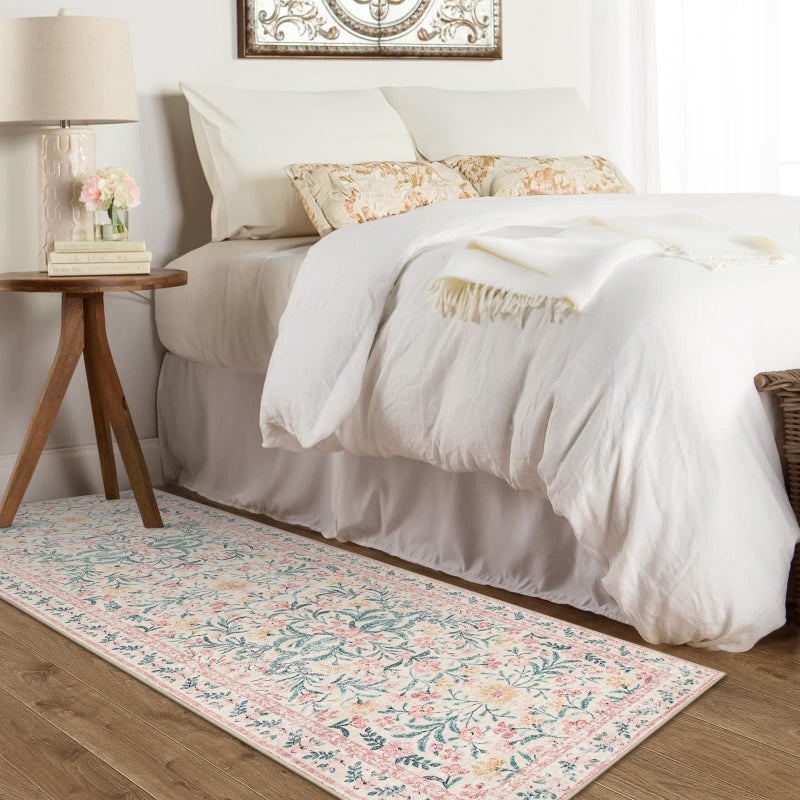 Morebes Boho Hallway Runner Rug 2x6, Pink Floral Kitchen Runner Rugs for Bedroom Girls, Washable Non Slip Super Soft Indoor Throw Carpet for Bathroom Laundry Room Entryway - Image 3