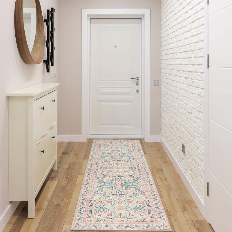 Morebes Boho Hallway Runner Rug 2x6, Pink Floral Kitchen Runner Rugs for Bedroom Girls, Washable Non Slip Super Soft Indoor Throw Carpet for Bathroom Laundry Room Entryway - Image 4
