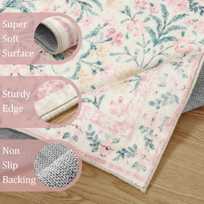 Morebes Boho Hallway Runner Rug 2x6, Pink Floral Kitchen Runner Rugs for Bedroom Girls, Washable Non Slip Super Soft Indoor Throw Carpet for Bathroom Laundry Room Entryway - Image 5