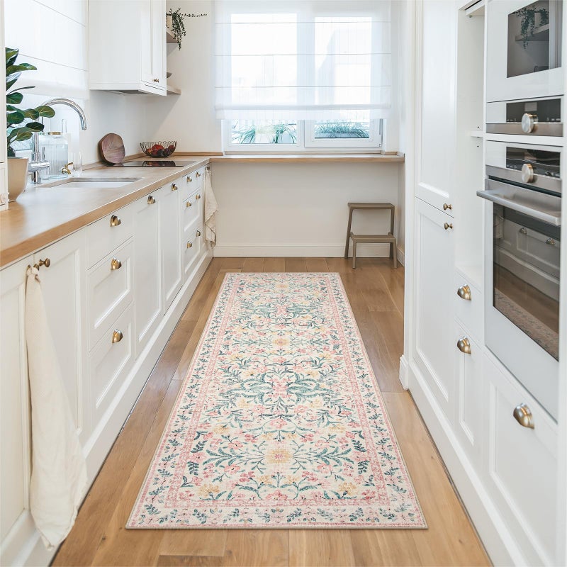 Morebes Boho Hallway Runner Rug 2x6, Pink Floral Kitchen Runner Rugs for Bedroom Girls, Washable Non Slip Super Soft Indoor Throw Carpet for Bathroom Laundry Room Entryway - Image 2