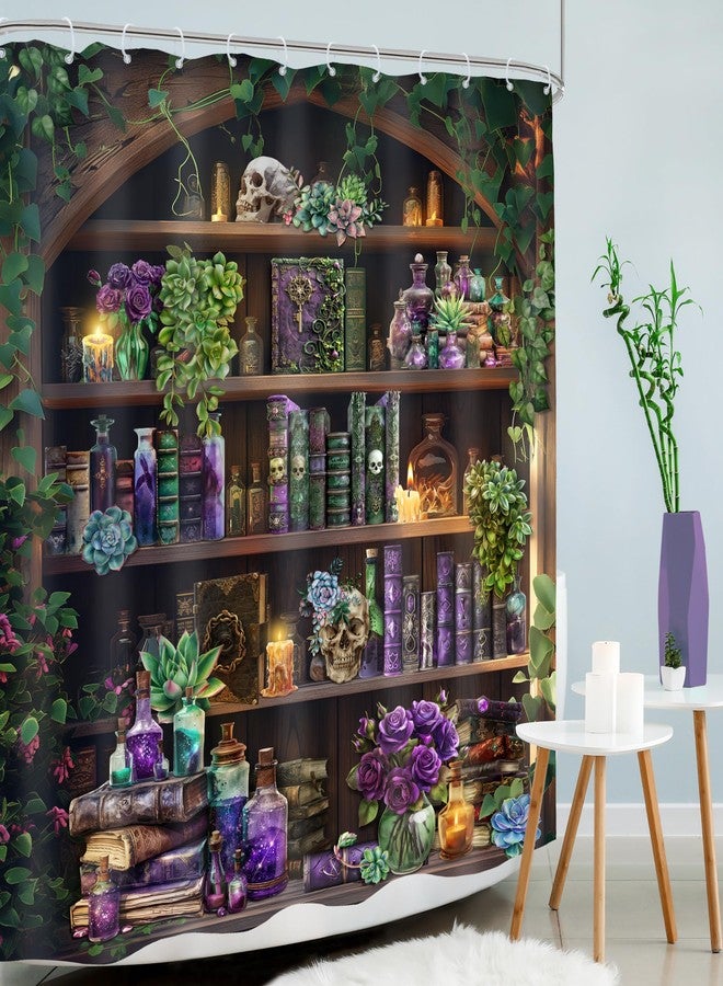Mitpok ستارة حمام ميتبوك بتصميم جمجمة قوطية، 60 عرض × 72 ارتفاع، بتصميم عتيق ساحر مخيف، مستوحاة من رفوف الكتب السحرية، لون أسود، ديكور حمام فريد وجذاب، مصنوعة من قماش البوليستر، مع 12 خطافًا. - Image 3