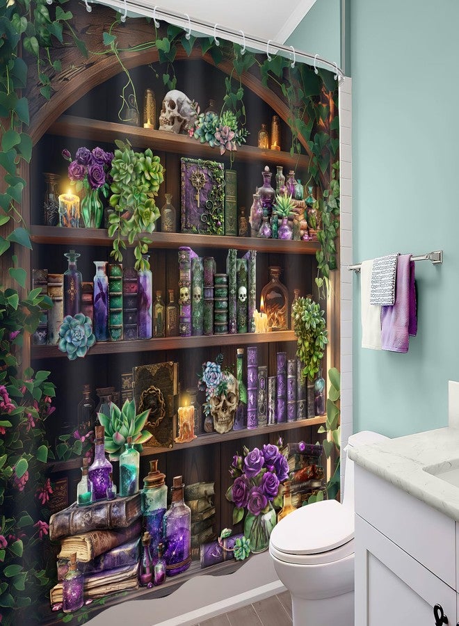 Mitpok ستارة حمام ميتبوك بتصميم جمجمة قوطية، 60 عرض × 72 ارتفاع، بتصميم عتيق ساحر مخيف، مستوحاة من رفوف الكتب السحرية، لون أسود، ديكور حمام فريد وجذاب، مصنوعة من قماش البوليستر، مع 12 خطافًا. - Image 4