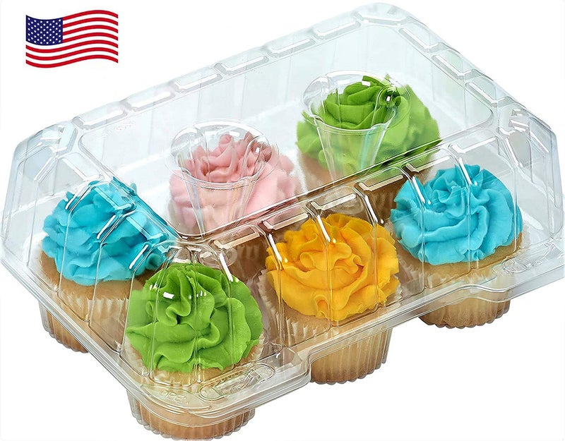 Decony Cupcake Boxes 6 Count [ MADE IN USA ]- Clear Plastic Cupcake Containers with 4" High Dome Lid- Durable Cupcake Holders- Each Cup Cake Box Holds 6 Cupcakes- 12 Pack - Image 1