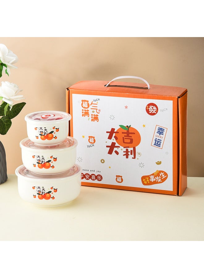 Bear Ceramic Preservation Bowl Three-piece Set Sealed Bowl Gift Bowl Set Gift Microwave Oven Bowl Plus LOGO Preservation-Specifications:Dagittarius Set Of Three Fresh-keeping Bowls Set Of Three Fresh-keeping Bowls (20 Sets/box)-Color:4inch 5inch 6inch  - Image 1