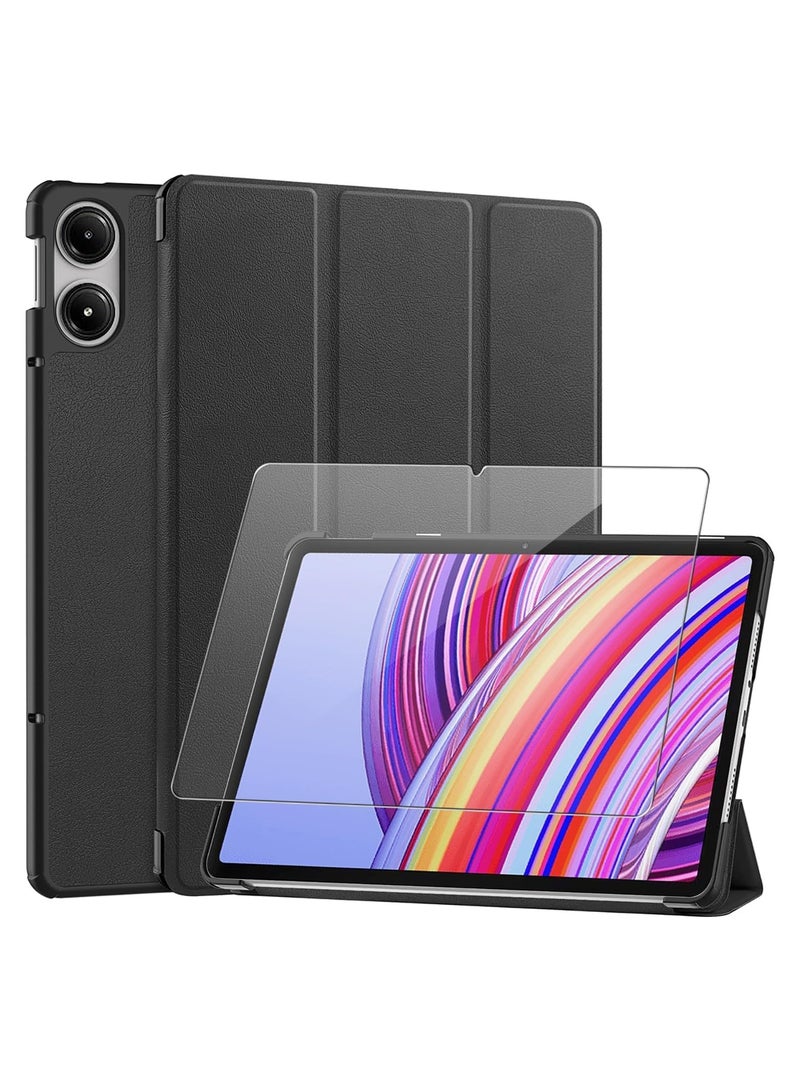 Muzz Xiaomi Redmi Pad Pro 12.1 inch Case Black PU Leather Flip Wallet Protective Cover Tempered Glass Screen Protector (Black)  - Image 1