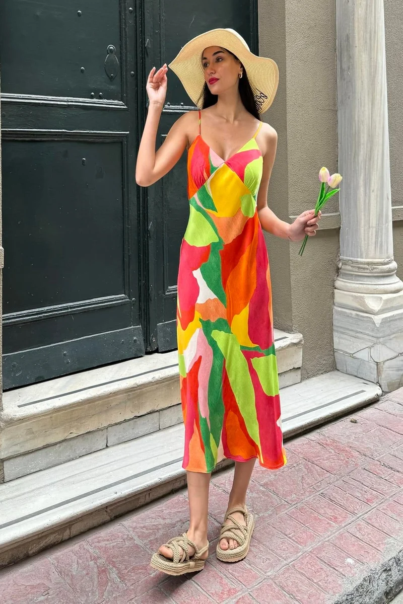 For You Moda Natural Viscose Strap Bust Gathered Patterned Green Dress