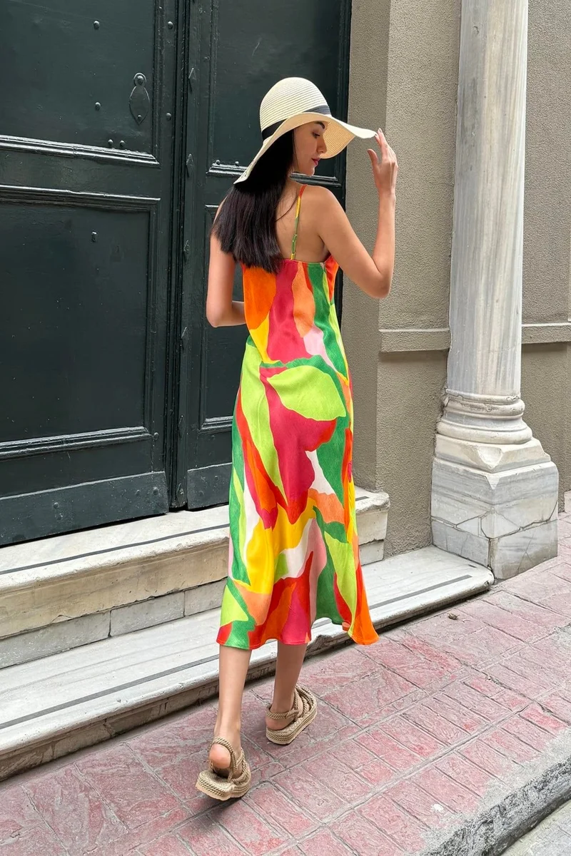 For You Moda Natural Viscose Strap Bust Gathered Patterned Green Dress
